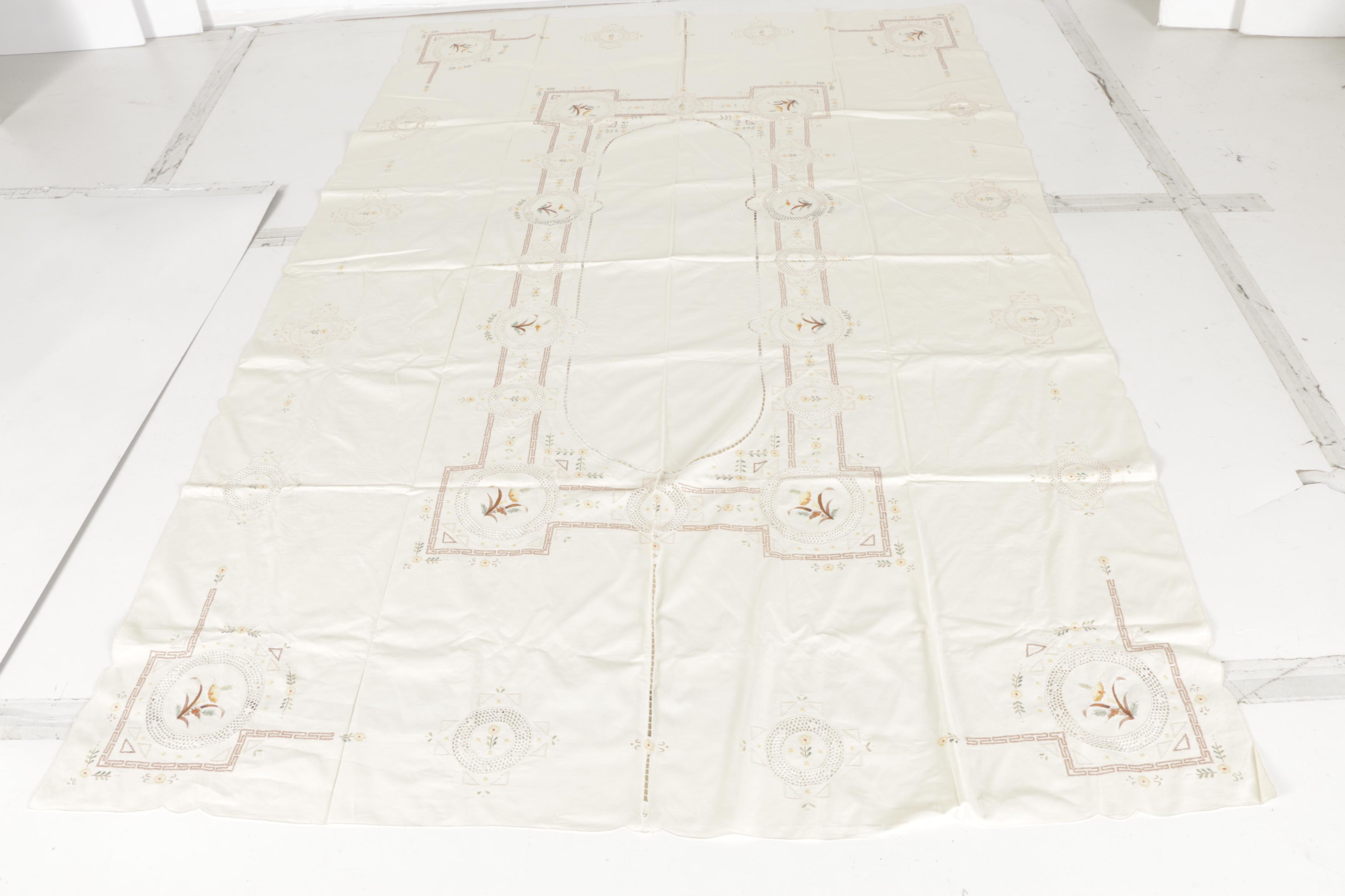 Off-White Floral Embroidered Tablecloth