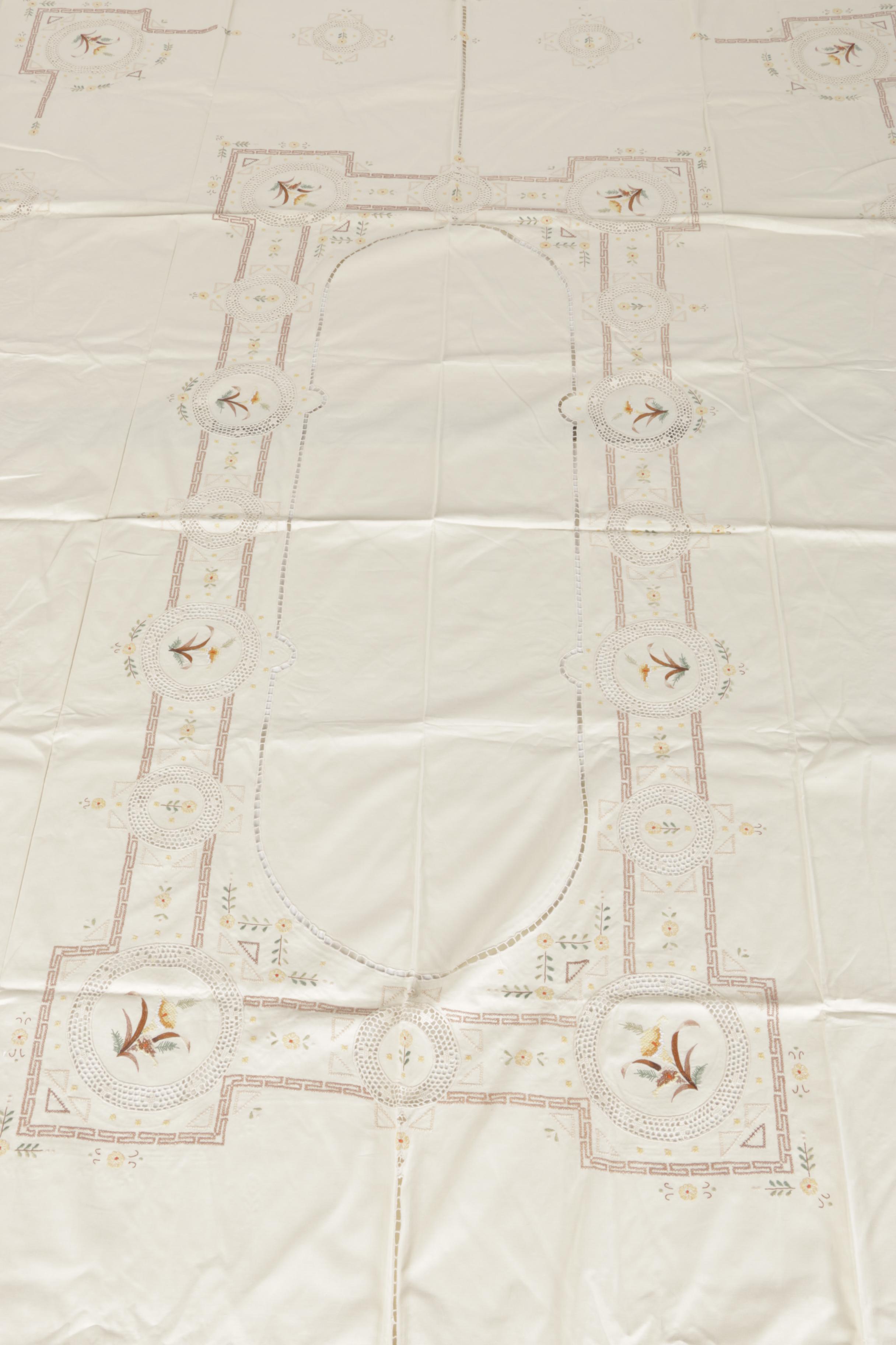 Off-White Floral Embroidered Tablecloth
