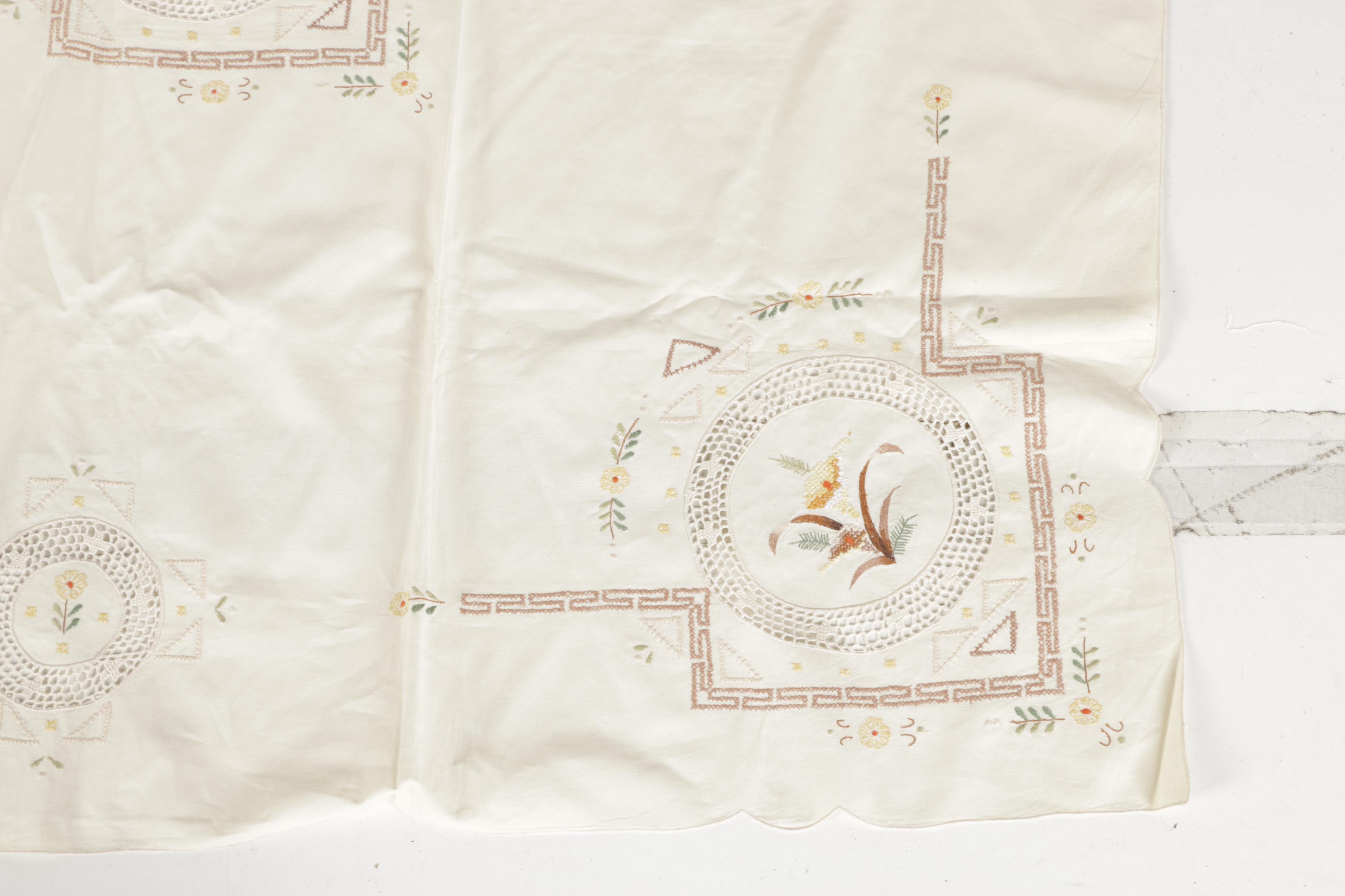 Off-White Floral Embroidered Tablecloth