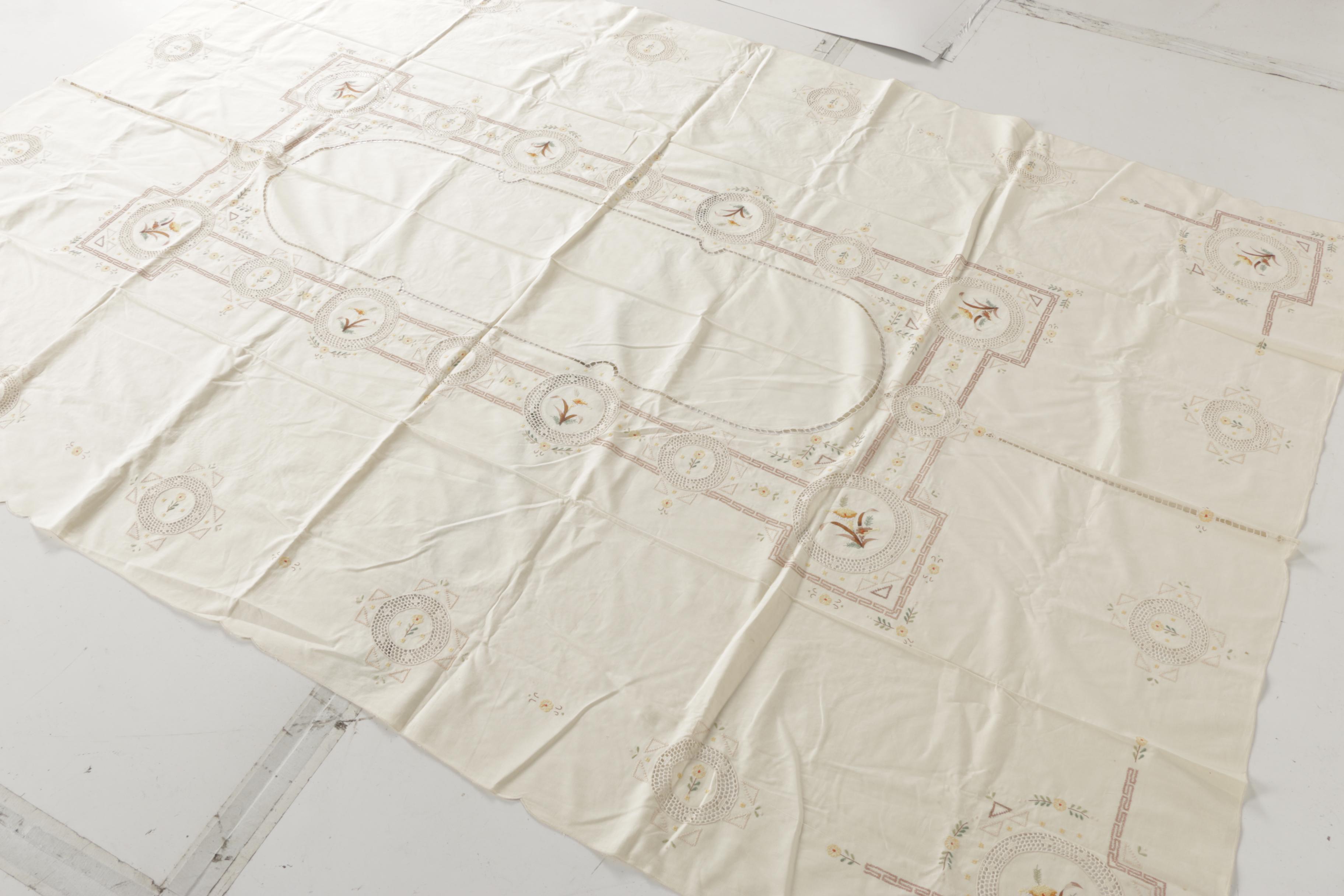 Off-White Floral Embroidered Tablecloth