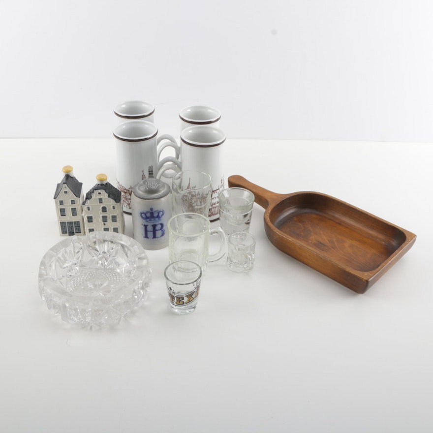 Assorted Barware Including Delft Dutch House Ceramic Decanters