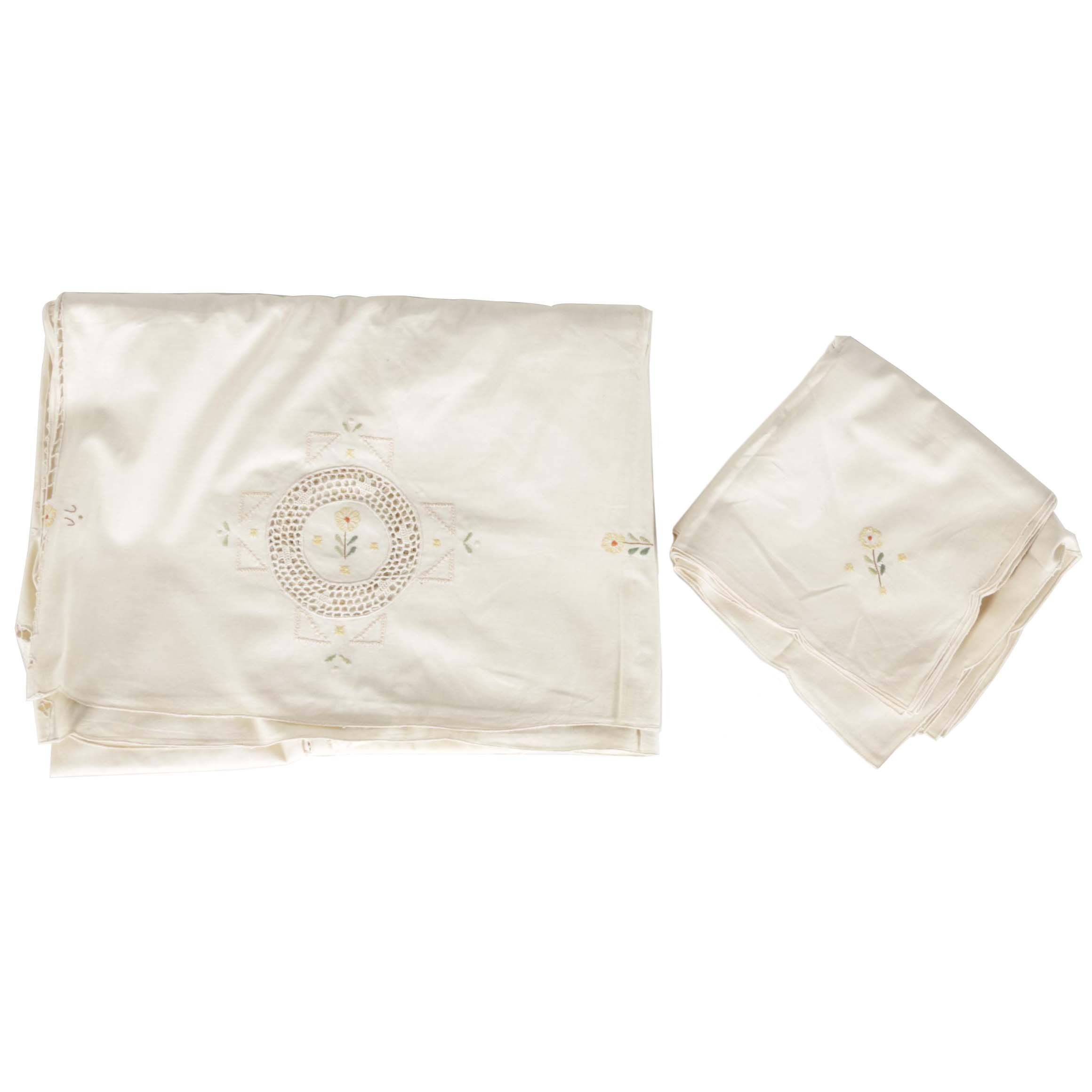Off-White Floral Embroidered Tablecloth