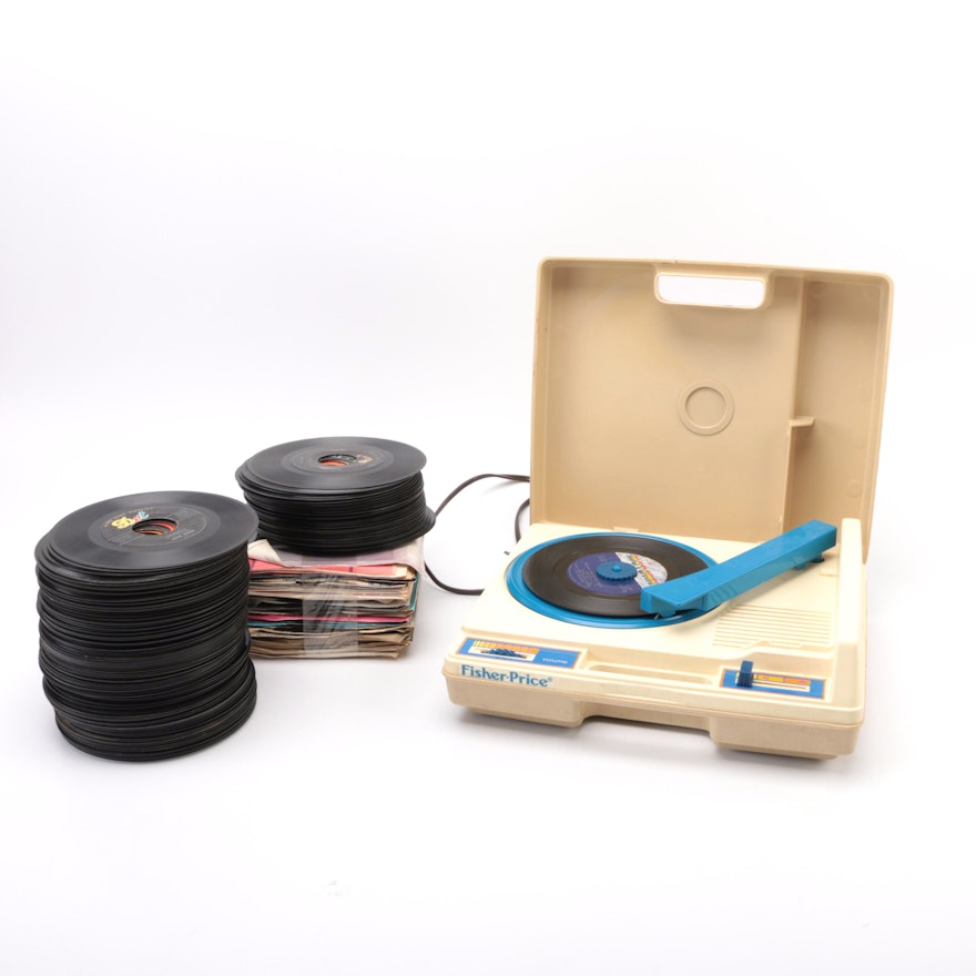 Vintage Fisher-Price Portable Record Player and Rock/Pop Singles