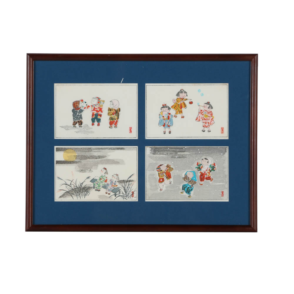 Hitoshi Kiyohara Woodblock Prints on Paper of Children Playing
