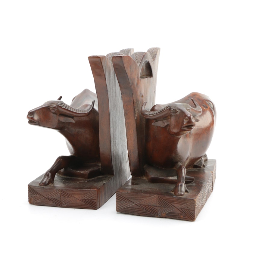Carved Wooden Water Buffalo Bookends