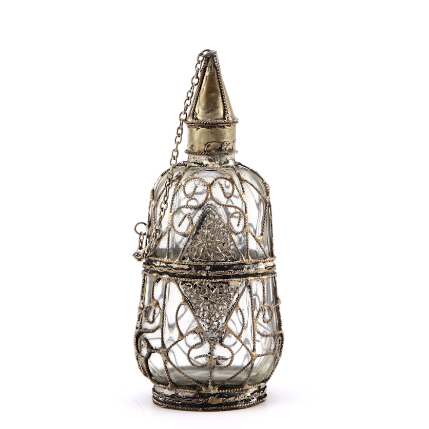 Glass Bottle With Brass Filigree Overlay