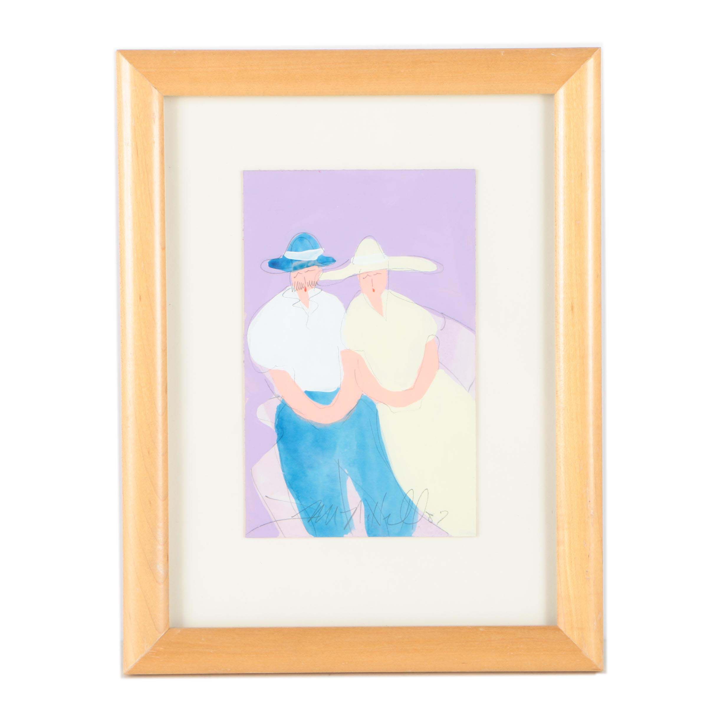 Jim N. Hill Mixed Media on Paper of Couple