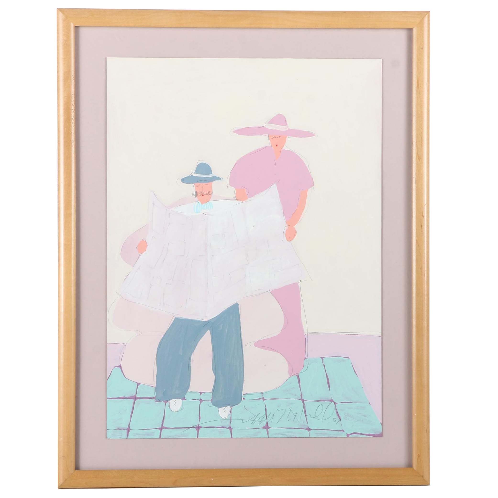 Jim N. Hill Acrylic Painting on Paper of Couple Reading Newspaper