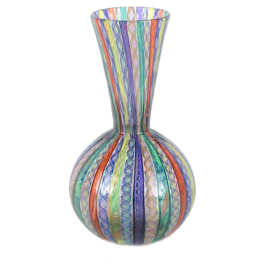 Latticino Hand Blown Venetian Art Glass Vase