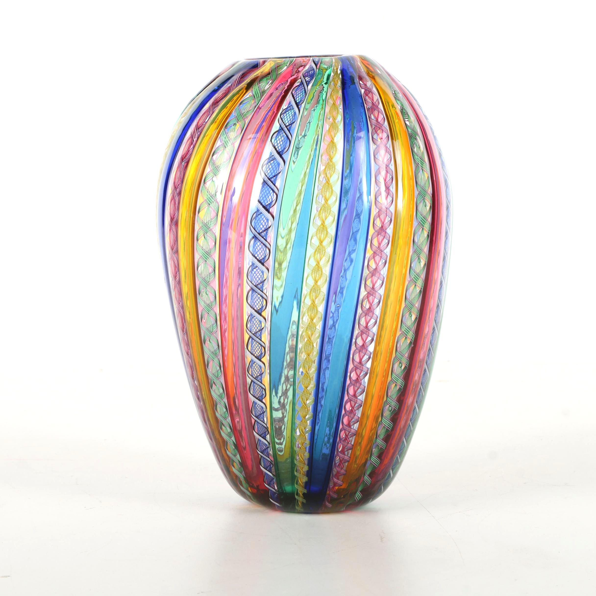 Venetian Hand Blown Latticino Art Glass Vase
