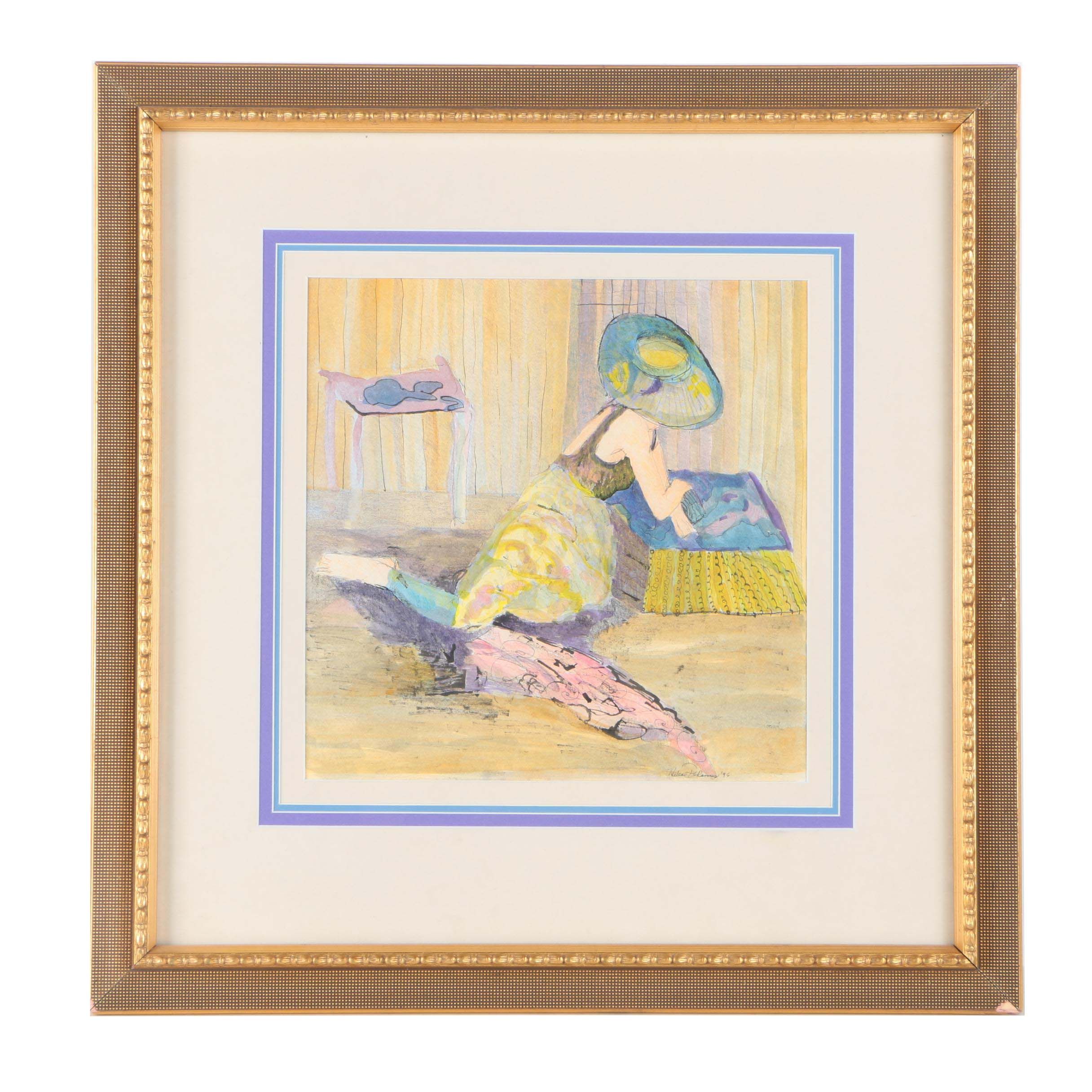 Helen DeRamus Ink and Watercolor on Paper of a Kneeling Woman