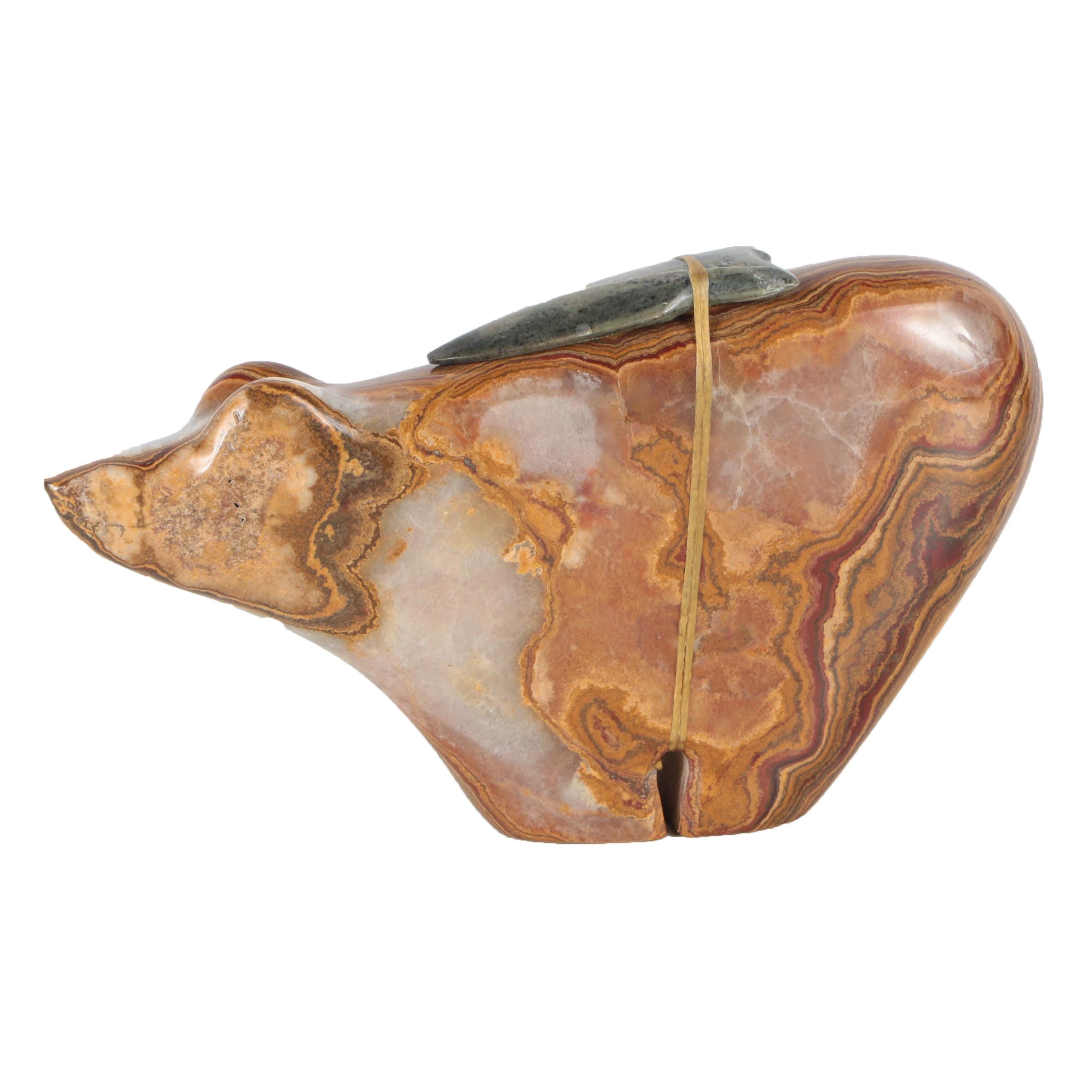 Zuni Native American-Inspired Carved Agate Bear Fetish With Jasper Projectile Point