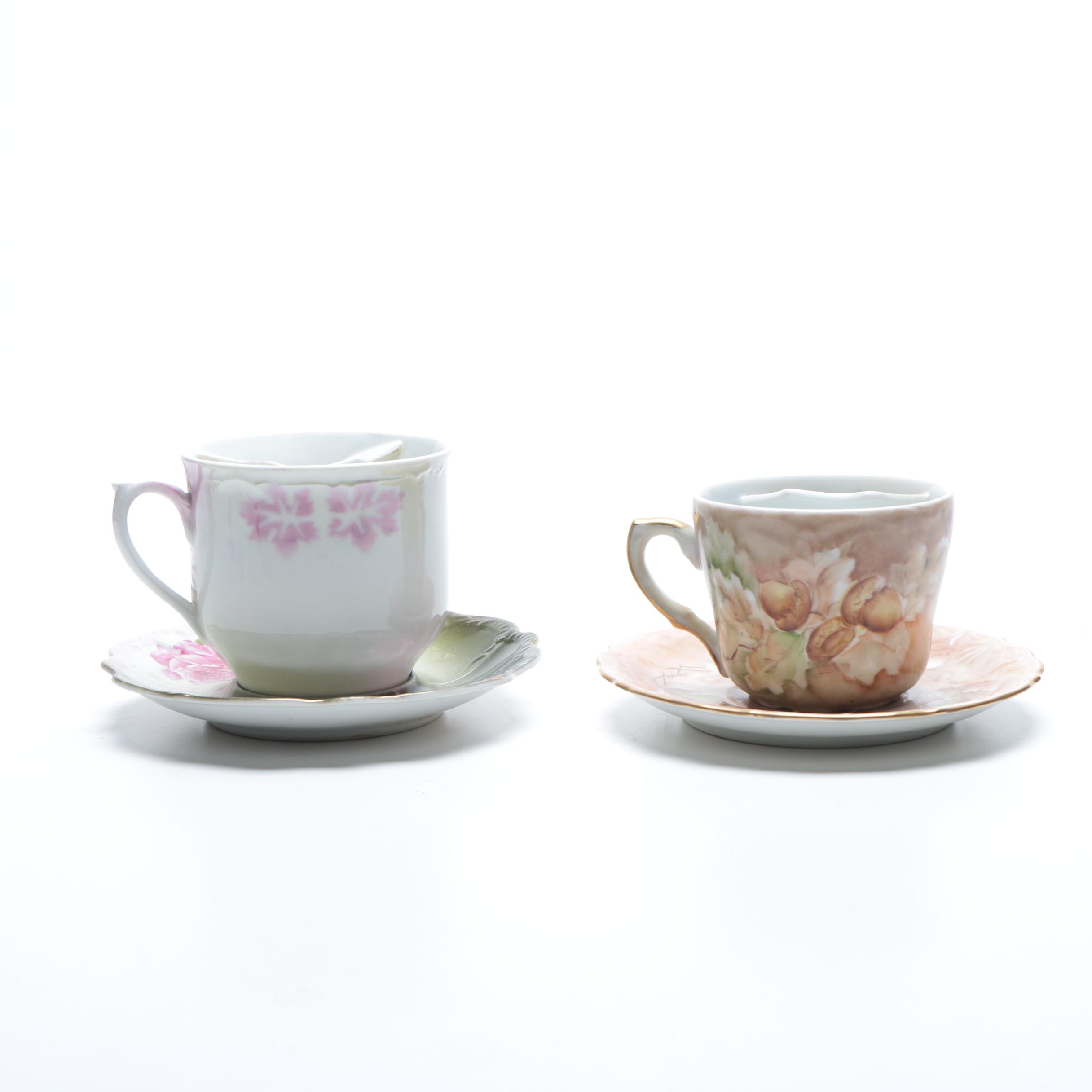 Vintage Porcelain Mustache Teacups With Saucers