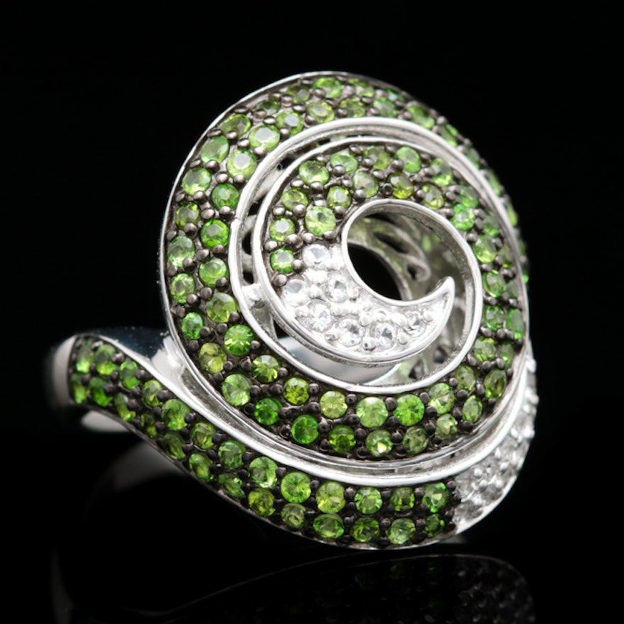 Sterling Silver, Chrome Diopside and White Topaz Spiral Ring