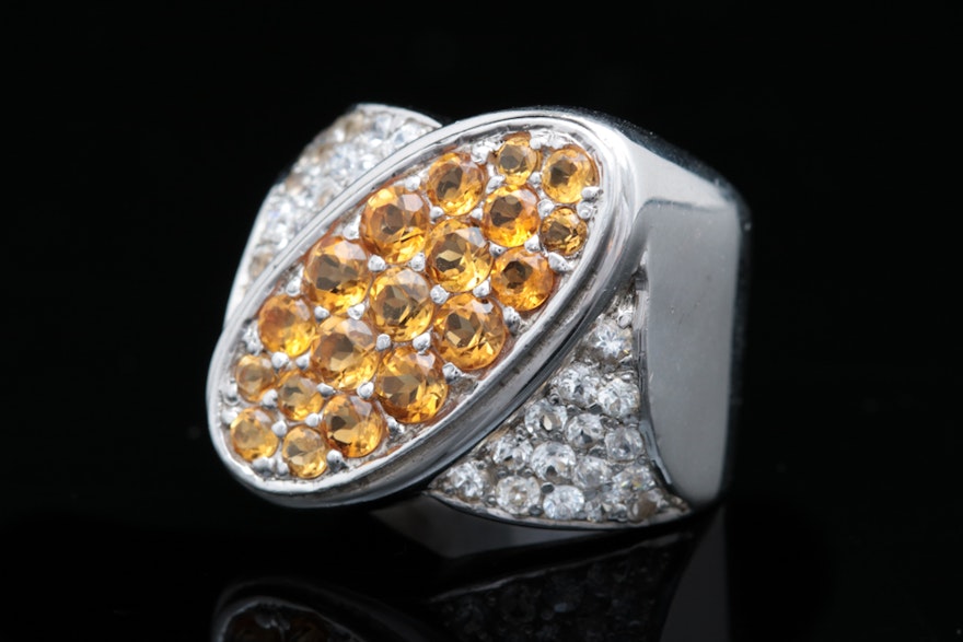 Sterling Silver, Citrine and White Zircon Cocktail Ring