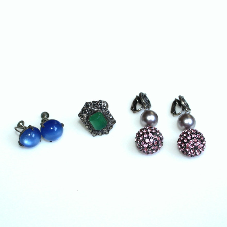 Vintage Marcasite Ring And Assorted Earrings