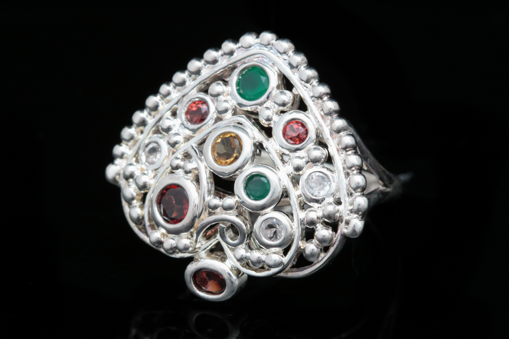 Sterling Silver, Garnet, Citrine, Zircon and Emerald Ring