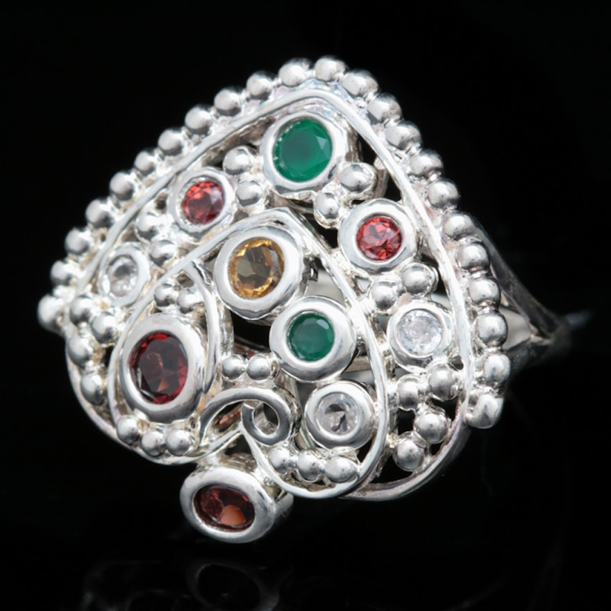 Sterling Silver, Garnet, Citrine, Zircon and Emerald Ring