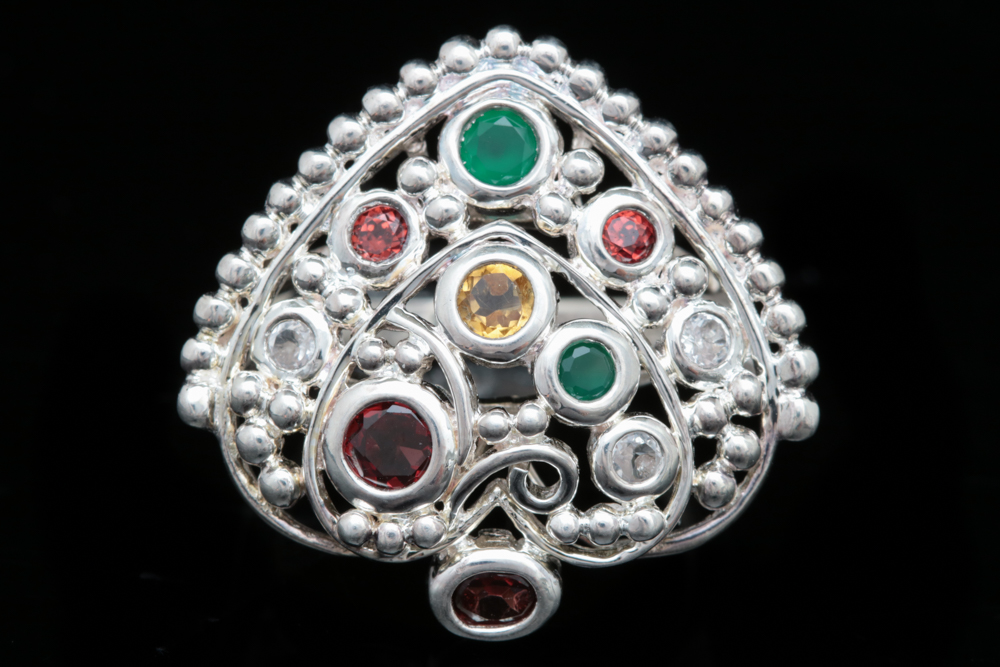 Sterling Silver, Garnet, Citrine, Zircon and Emerald Ring