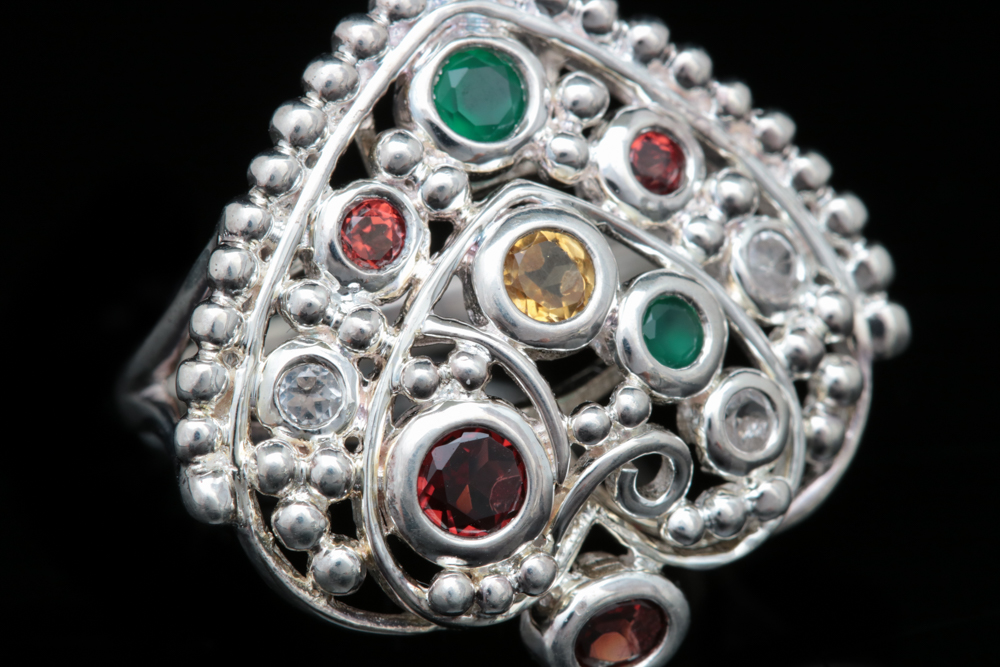 Sterling Silver, Garnet, Citrine, Zircon and Emerald Ring