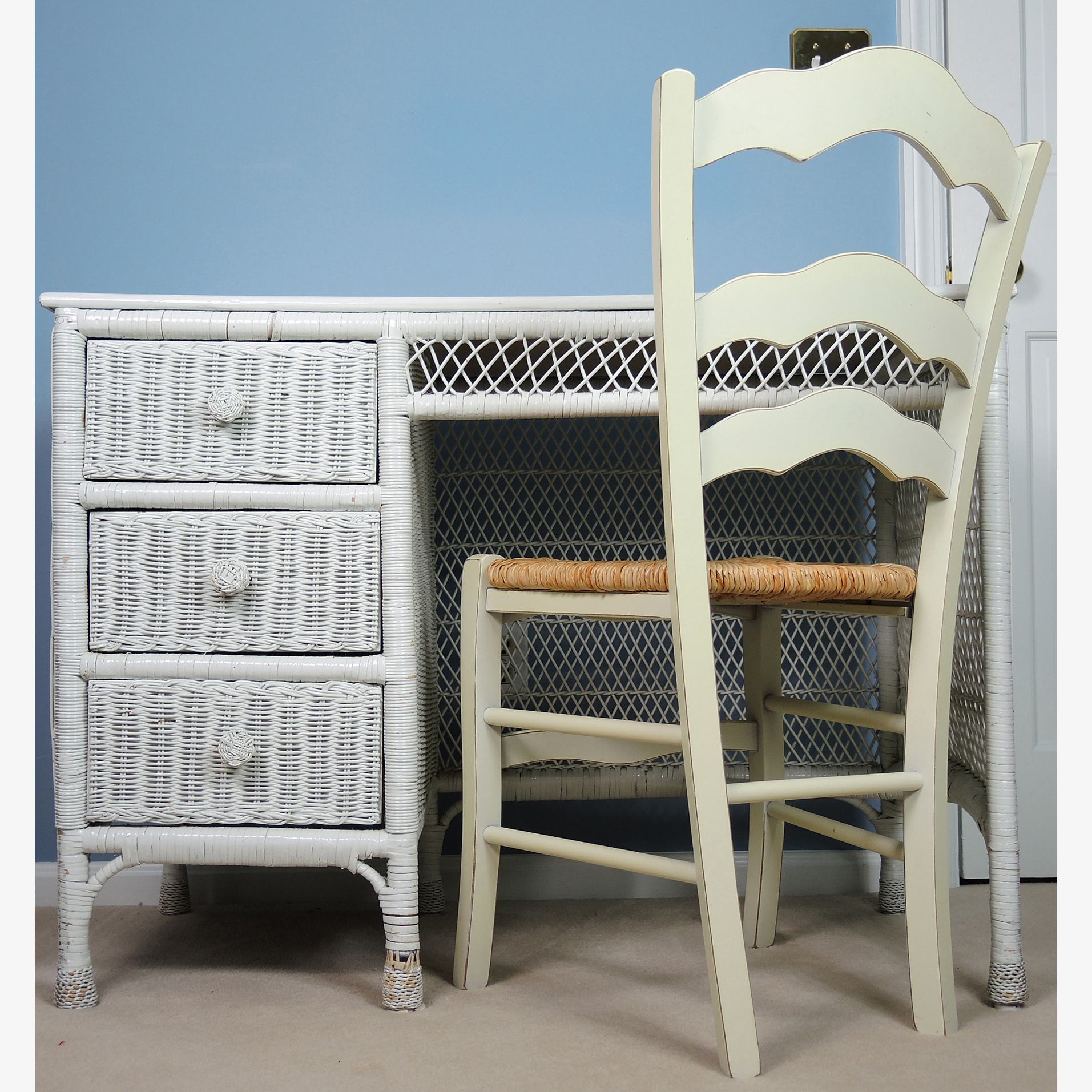 Small White Wicker Desk with Chair