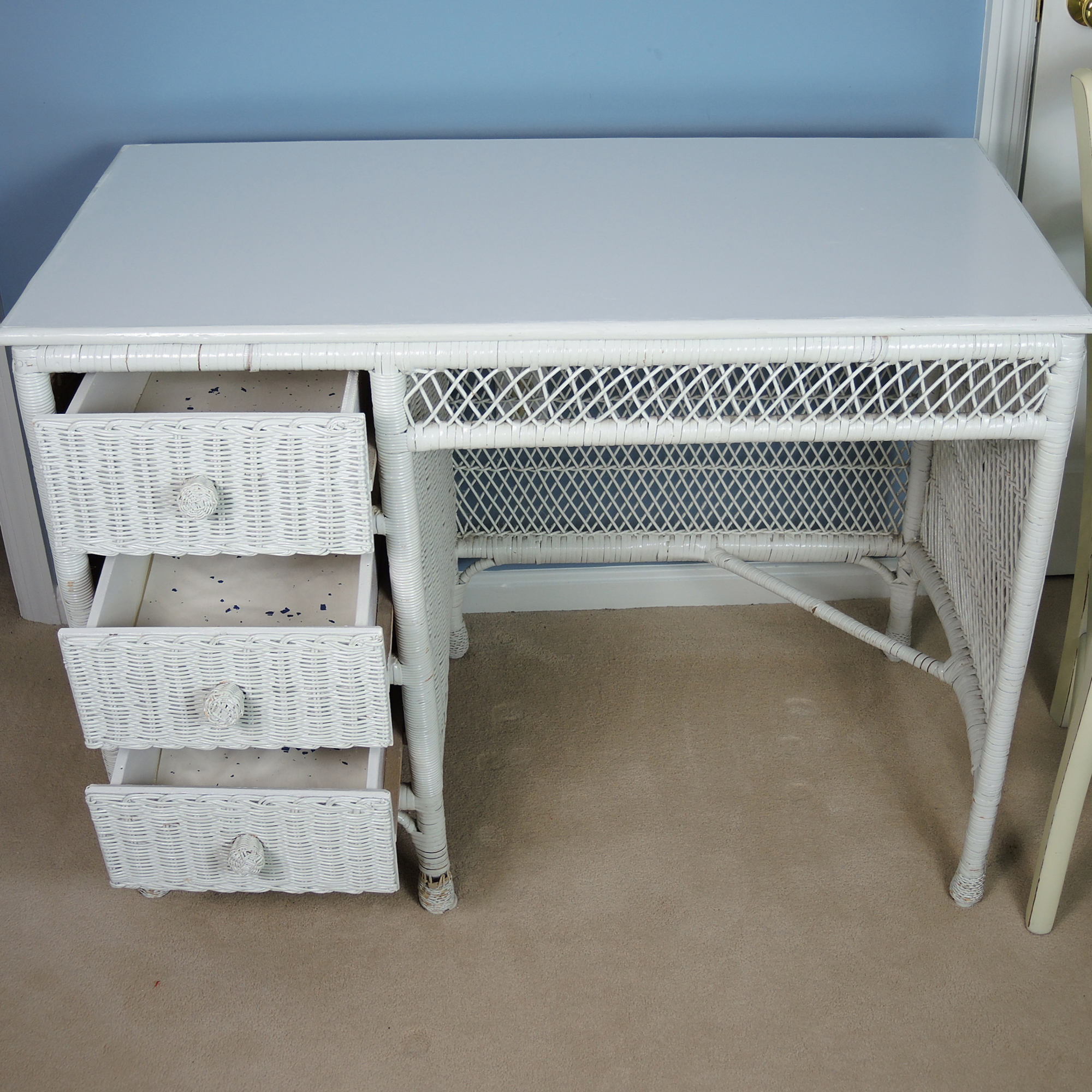 Small White Wicker Desk with Chair