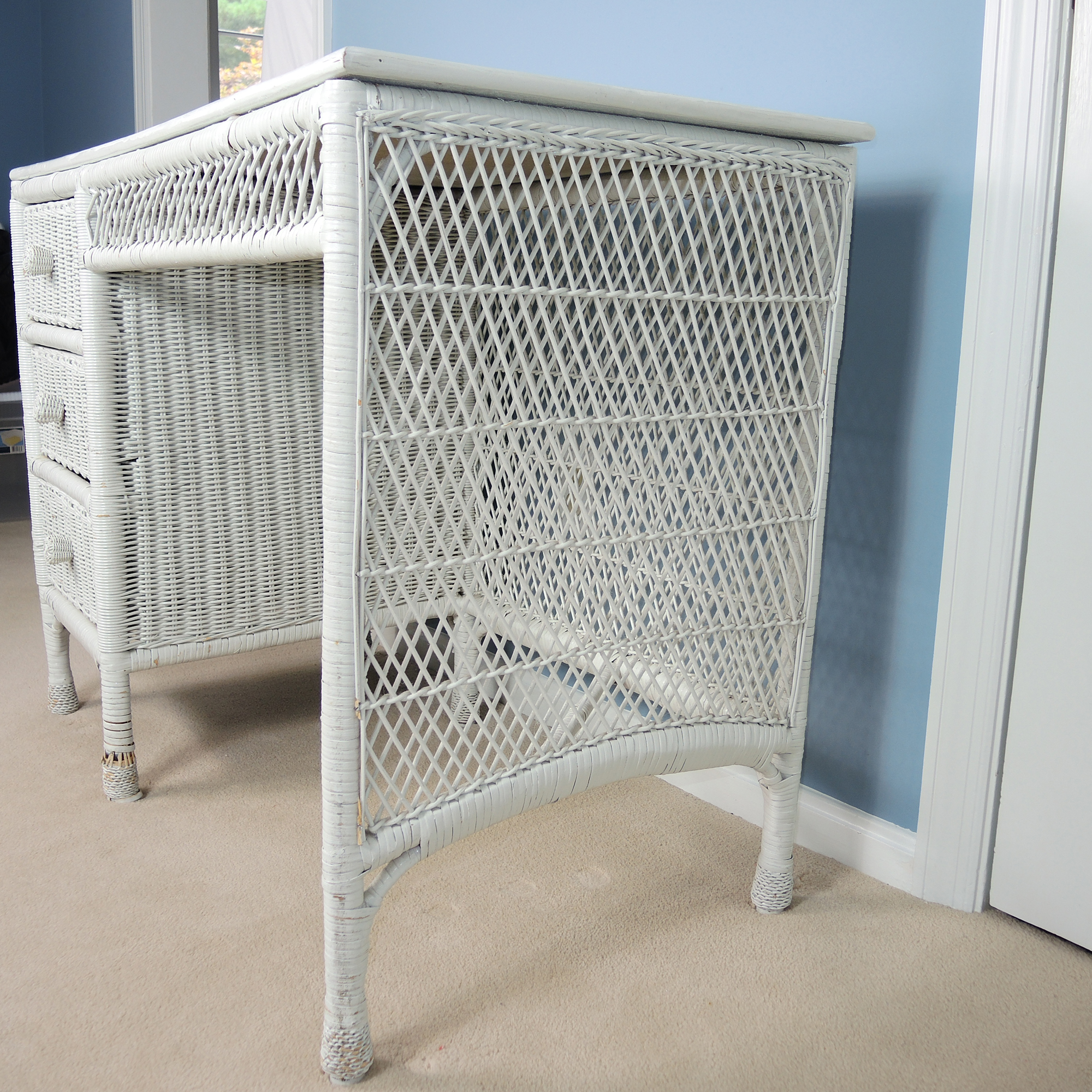 Small White Wicker Desk with Chair