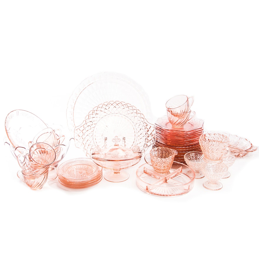 Generous Assortment of Vintage Pink Depression Glass Tableware