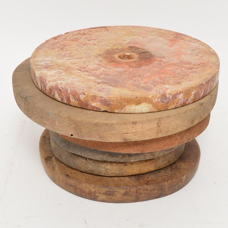 Vintage Stone Grinder Disc and Wood Wheels