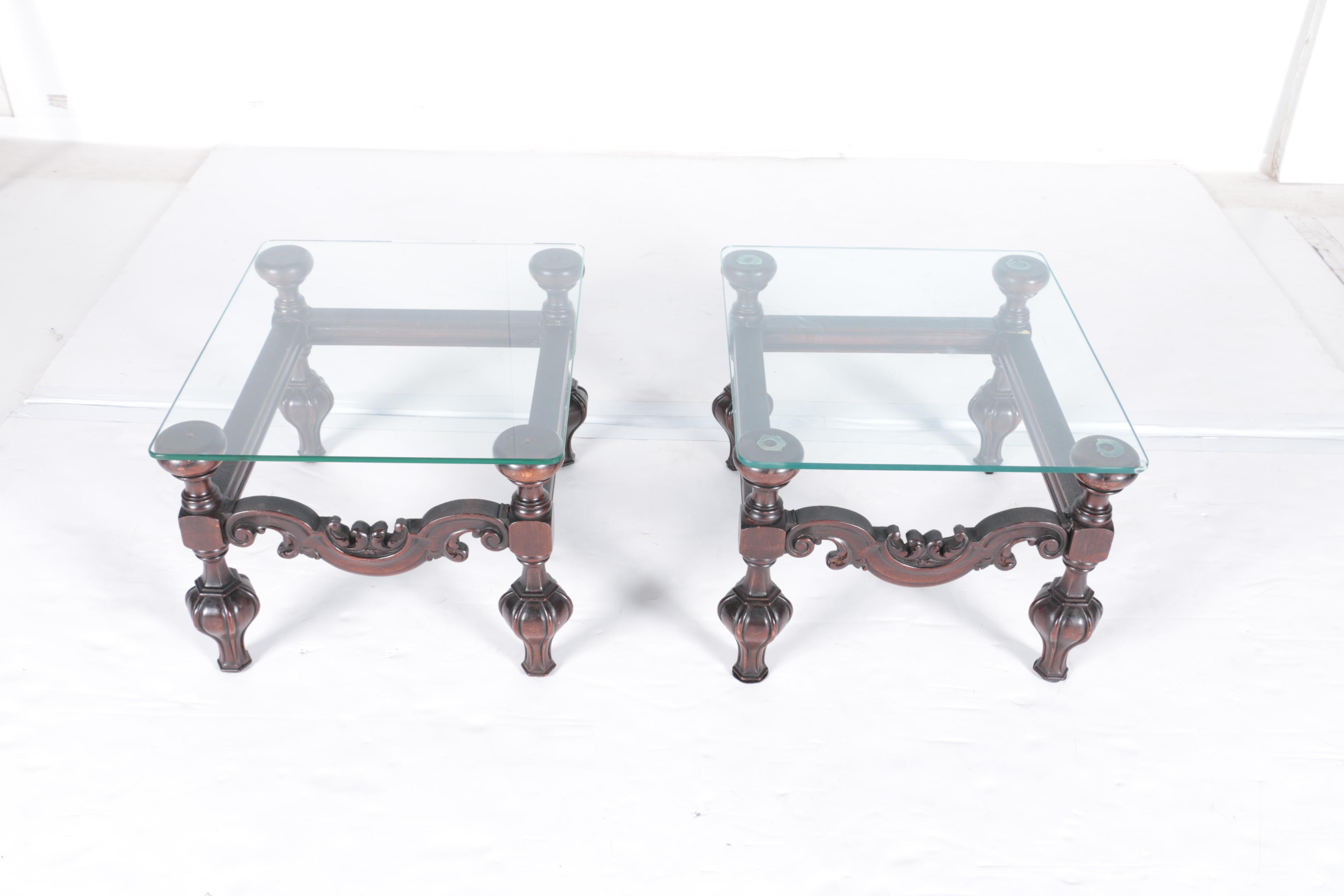 Renaissance Revival Inspired Glass Top Side Tables