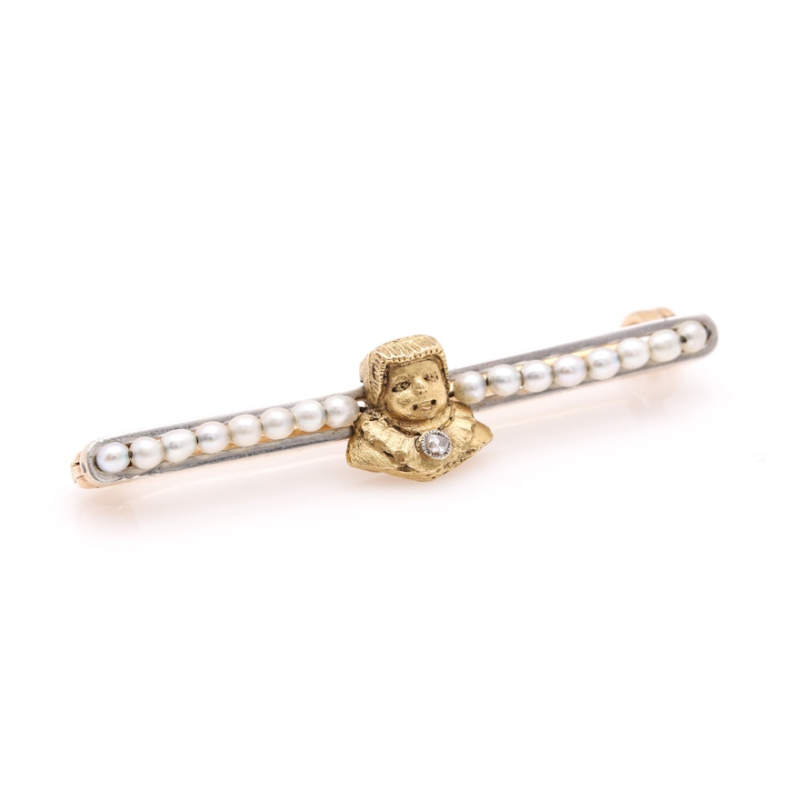 18K Yellow Gold Bar Brooch Featuring Seed Pearls and a Rose Cut Diamond