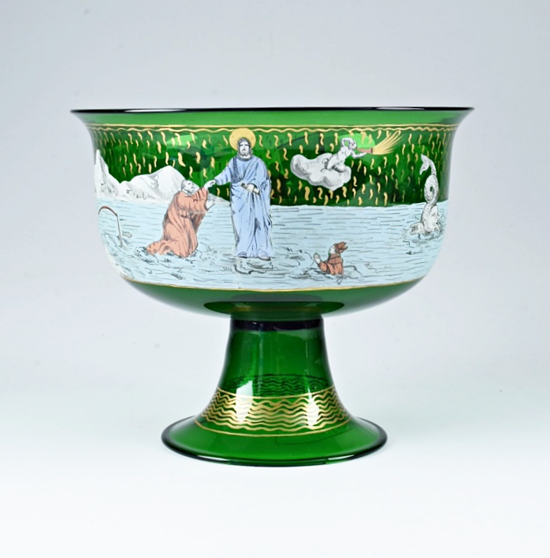 Murano Glass Compote with Painted Scene of Jesus Walking on Water