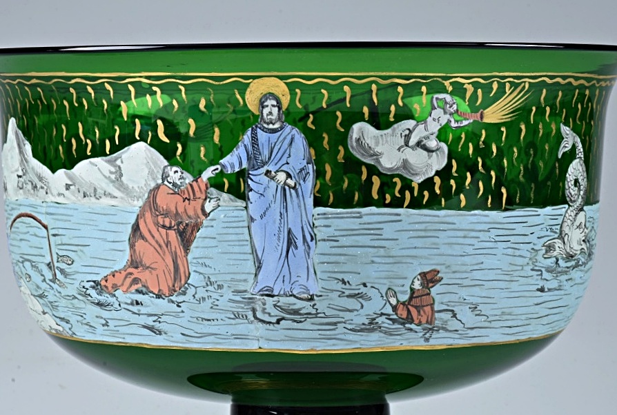 Murano Glass Compote with Painted Scene of Jesus Walking on Water