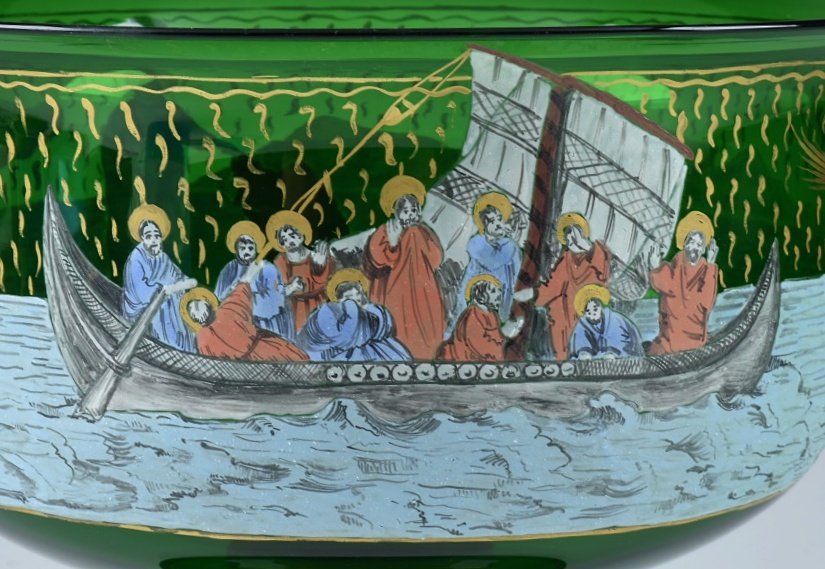 Murano Glass Compote with Painted Scene of Jesus Walking on Water