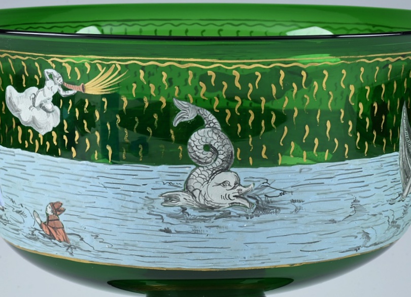 Murano Glass Compote with Painted Scene of Jesus Walking on Water