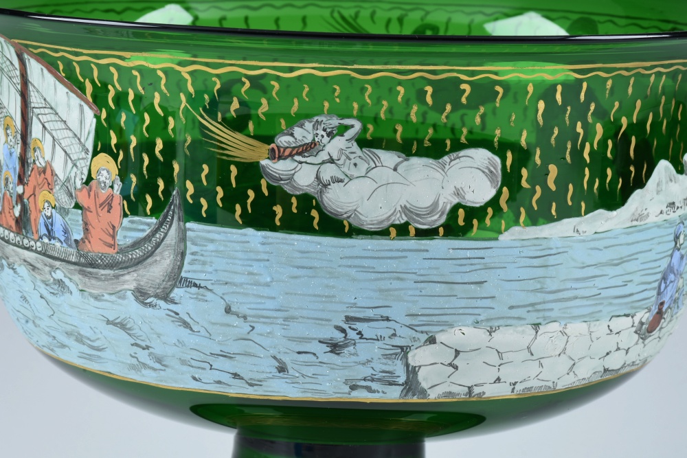 Murano Glass Compote with Painted Scene of Jesus Walking on Water