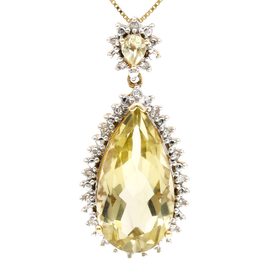 Clyde Duneier 14K Yellow Gold Lime Quartz and Diamond Pendant Necklace