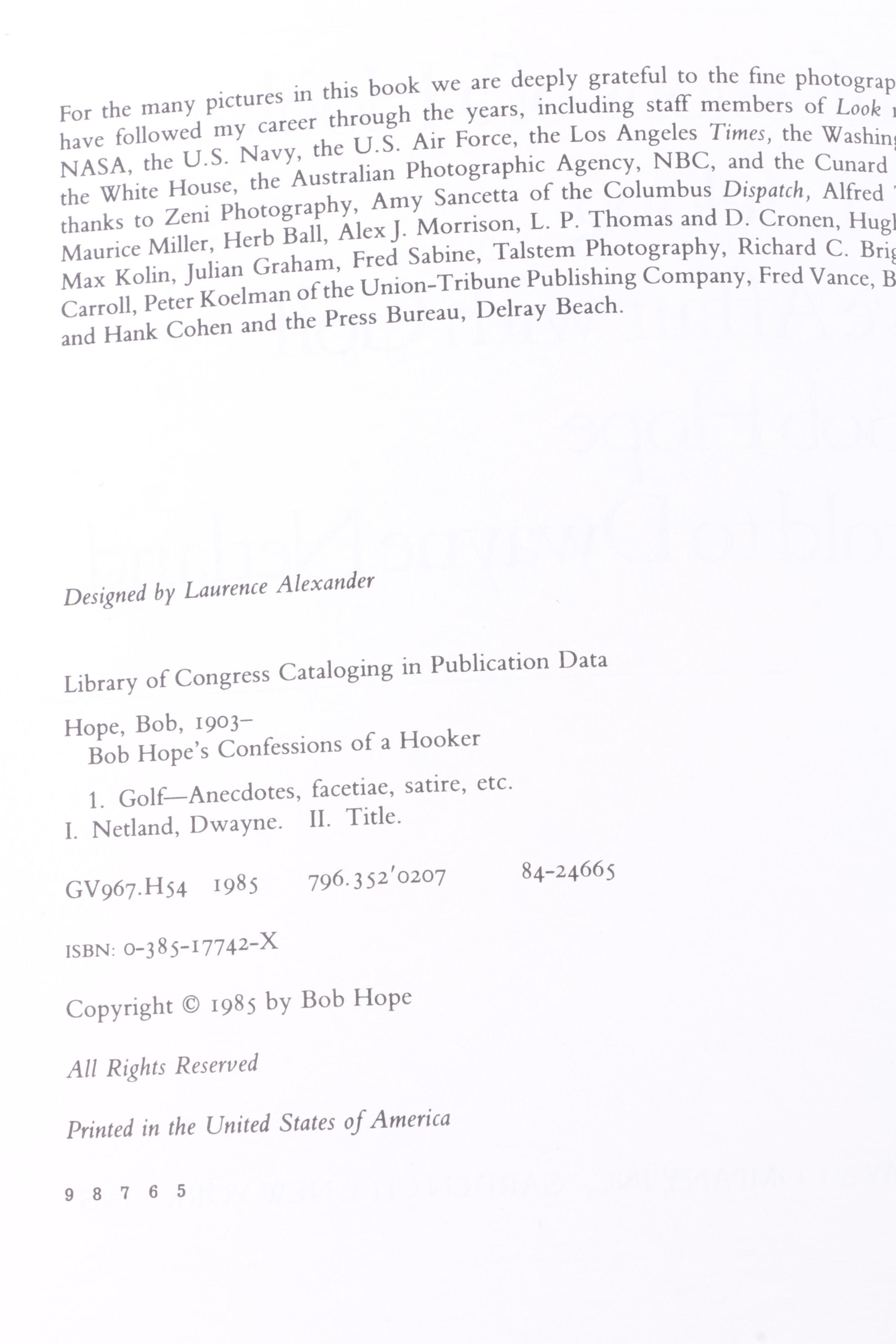 Signed 1985 "Confessions of a Hooker" by Bob Hope