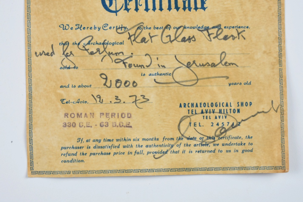 Roman Glass Flask Accompanied by Certificate From Tel Aviv Hilton