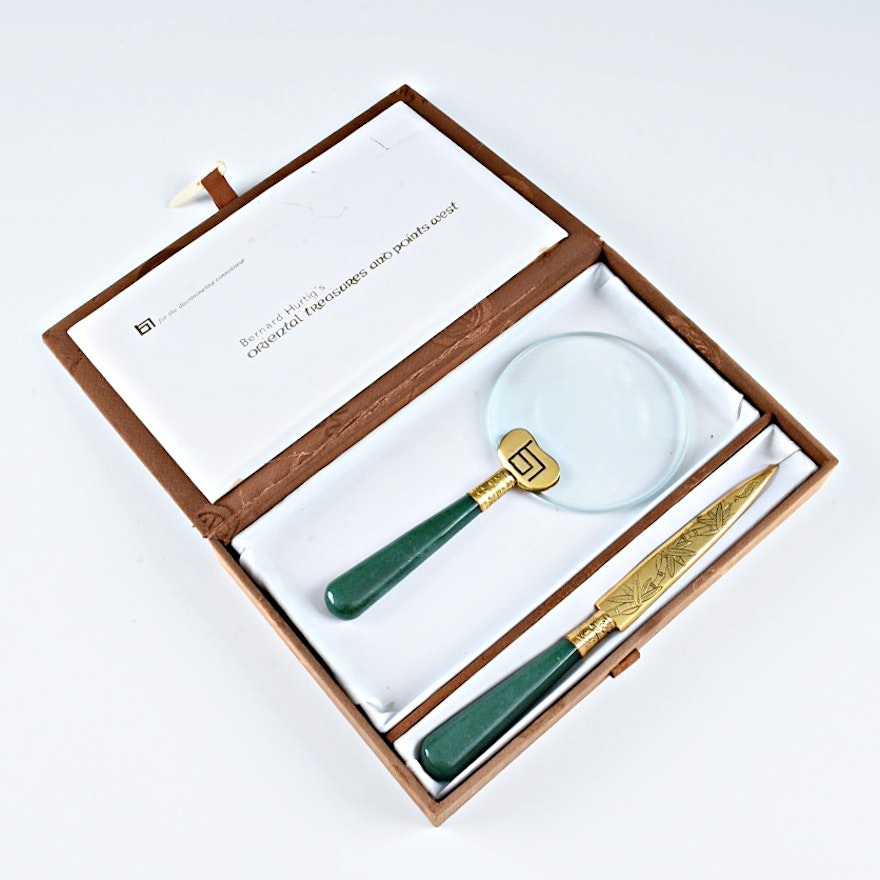 Asian Inspired Gold Plated Magnifying Glass and Letter Opener with Aventurine Handles