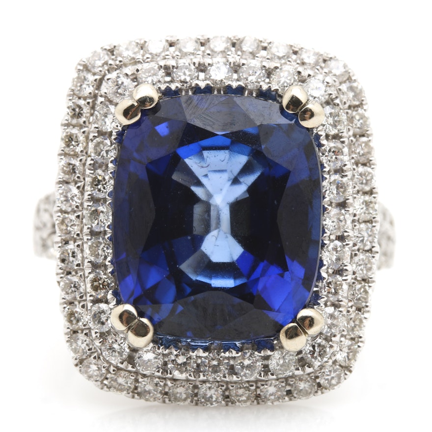 14K White Gold 9.50 CTS Sapphire and 1.39 CTW Diamond Ring