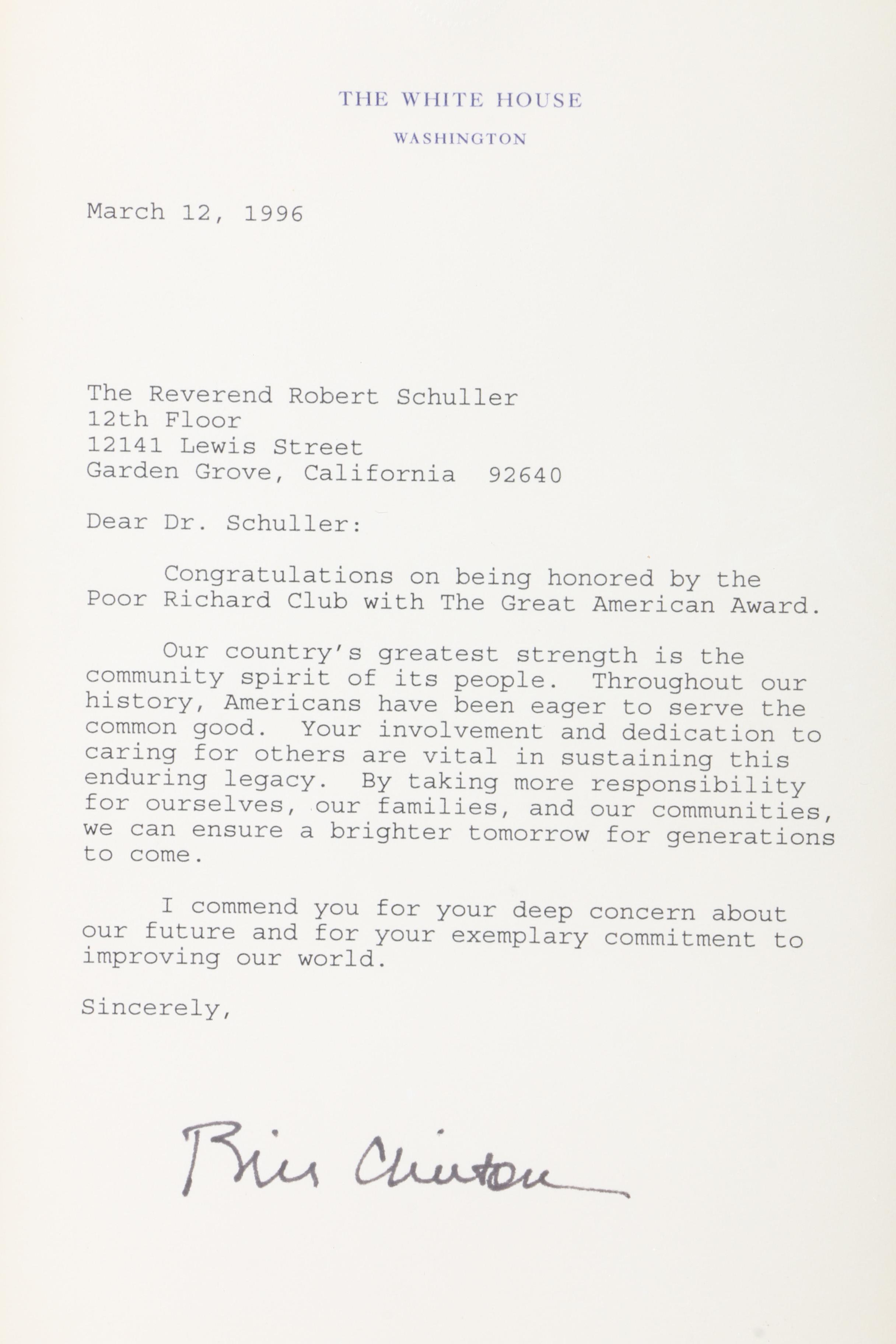 Signed Letter and "Between Hope and History" by Bill Clinton