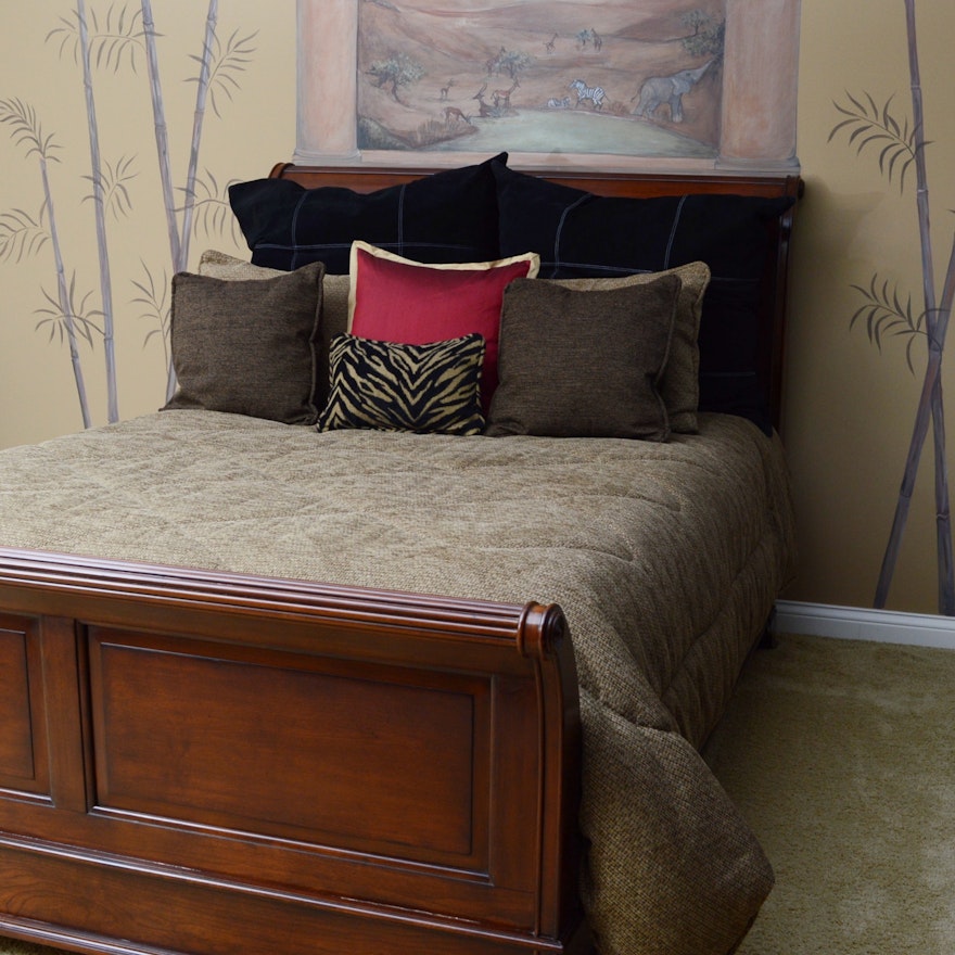 Queen Sleigh Bed with Custom Bedding Ensemble