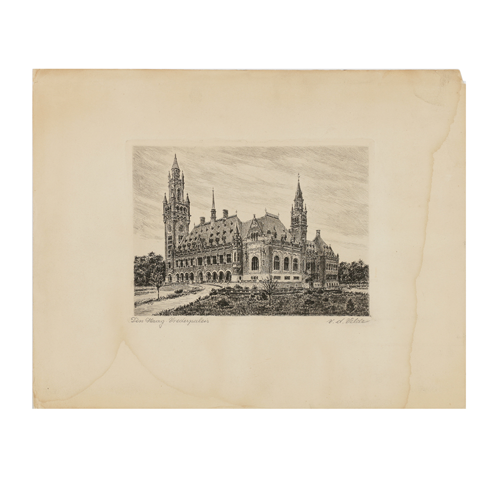 V.D. Velde Signed Etching on Paper "Den Haag Vredespaleis"