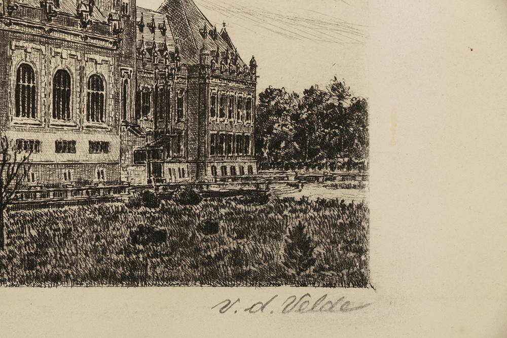V.D. Velde Signed Etching on Paper "Den Haag Vredespaleis"
