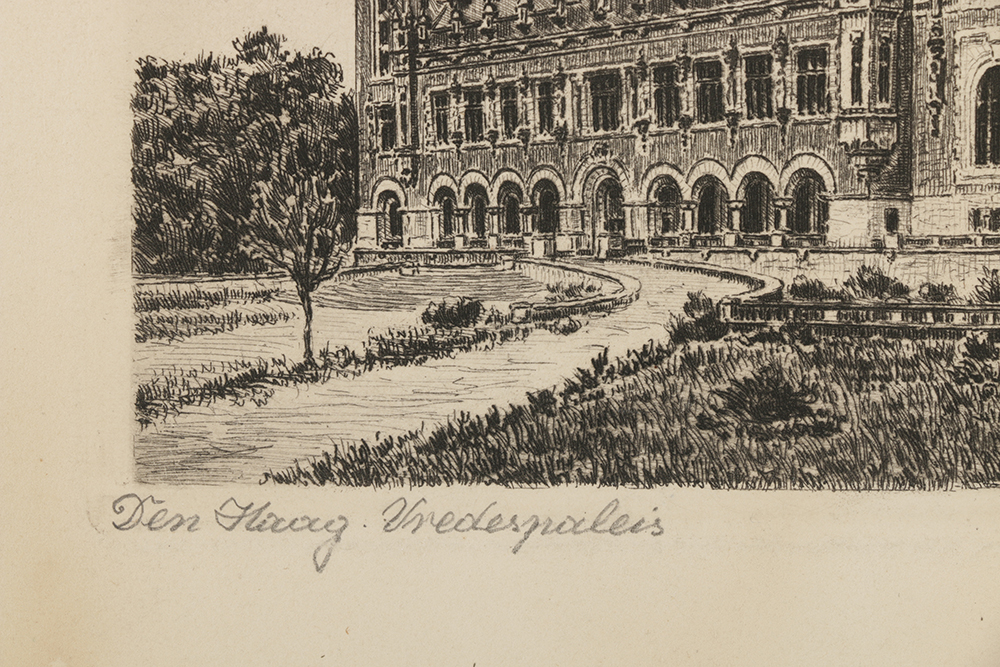 V.D. Velde Signed Etching on Paper "Den Haag Vredespaleis"