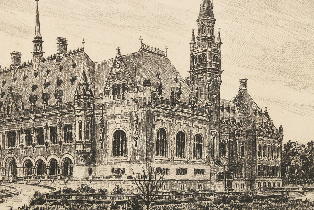 V.D. Velde Signed Etching on Paper "Den Haag Vredespaleis"