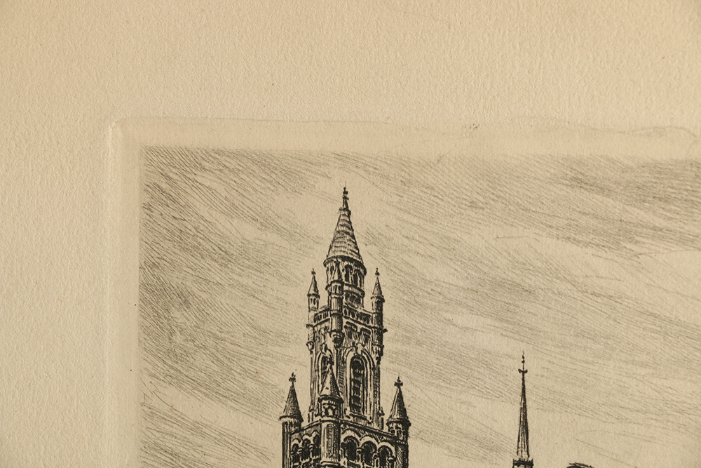 V.D. Velde Signed Etching on Paper "Den Haag Vredespaleis"