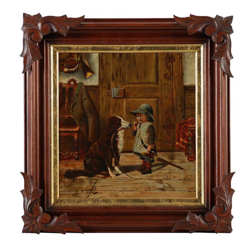 Oil Painting on Board of a Child and Dog