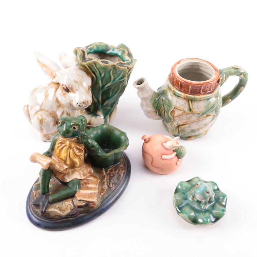 Majolica Animal Tableware Including a Classic Pooh Resin Figure